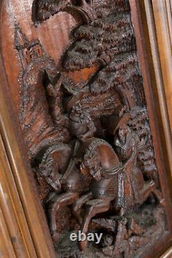 Antique French Hand Carved Walnut Relief Hunting Falconry Panel Chateau Framed