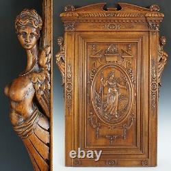 Antique French Hand Carved Walnut Wood Wall Panel Athena Caryatids Cabinet Door