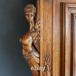 Antique French Hand Carved Walnut Wood Wall Panel Athena Caryatids Cabinet Door