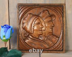 Antique French Hand Carved Wood Breton Couple Panel Salvaged Architectural