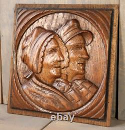 Antique French Hand Carved Wood Breton Couple Panel Salvaged Architectural