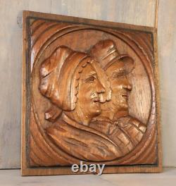 Antique French Hand Carved Wood Breton Couple Panel Salvaged Architectural