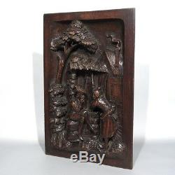 Antique French Hand Carved Wooden Panel, Courting Scene at Well, Neo-Renaissance