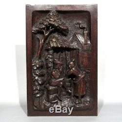 Antique French Hand Carved Wooden Panel, Courting Scene at Well, Neo-Renaissance
