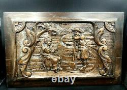 Antique French Hand Carved Wooden Panel Peasants Coulple