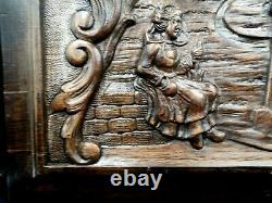 Antique French Hand Carved Wooden Panel Peasants Coulple