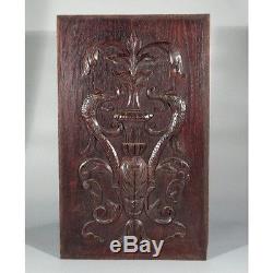 Antique French Hand Carved Wooden Panel with Stylized Dolphins, Vase & Acanthus