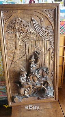 Antique French Hunting Style Carved Panel in Solid Oak Wood riders and falcon