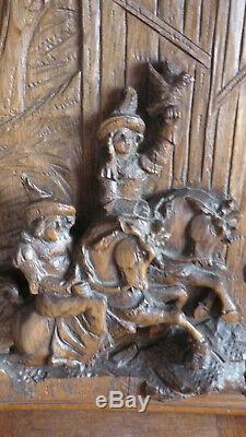 Antique French Hunting Style Carved Panel in Solid Oak Wood riders and falcon
