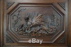 Antique French Large Hand Carved Walnut Wood Chimera Griffin Snake Door Panel