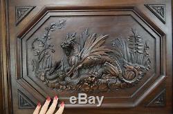 Antique French Large Hand Carved Walnut Wood Chimera Griffin Snake Door Panel