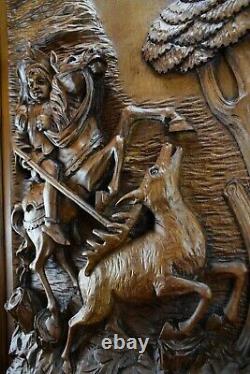 Antique French Large Hand Carved Wood Wall Panel Hunting Stag Horse Chateau