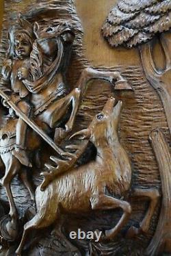 Antique French Large Hand Carved Wood Wall Panel Hunting Stag Horse Chateau