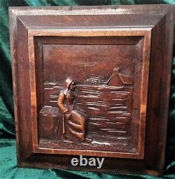 Antique French Oak Wood Panel Salvaged Hand Carved Bretons Figurine