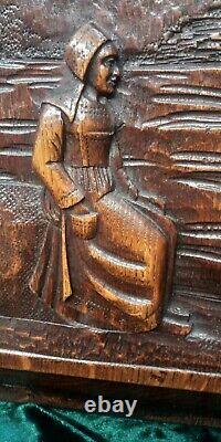 Antique French Oak Wood Panel Salvaged Hand Carved Bretons Figurine