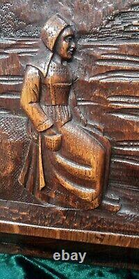 Antique French Oak Wood Panel Salvaged Hand Carved Bretons Figurine