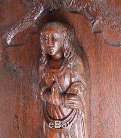 Antique French PANEL 28 TALL SAINT WOMAN CARVED OAK WOOD 1800s. 19thC