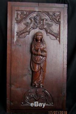 Antique French PANEL 28 TALL SAINT WOMAN CARVED OAK WOOD 1800s. 19thC