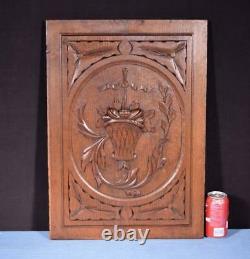 Antique French Panel in Solid Oak Wood Highly Carved Details with Basket