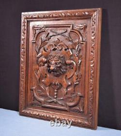 Antique French Panel in Solid Oak Wood with Lion Face Highly Carved