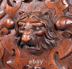 Antique French Panel in Solid Oak Wood with Lion Face Highly Carved