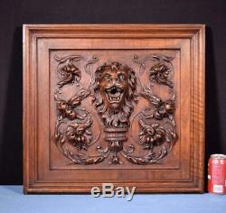 Antique French Panel in Solid Walnut Wood with Lion Face Highly Carved