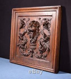 Antique French Panel in Solid Walnut Wood with Lion Face Highly Carved