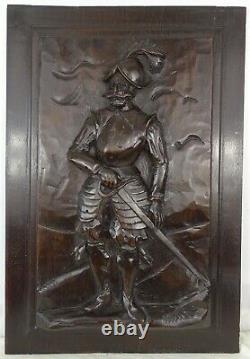 Antique French Solid Walnut Carved Wood Door/Panel Middle Ages Soldier