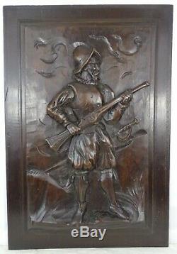 Antique French Solid Walnut Carved Wood Door/Panel Middle Ages Soldier Rifle