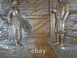 Antique French Wall Panel Hand Carved Chesnut Wood Salvage -Scene Breton Peasant
