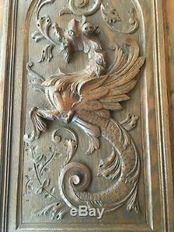 Antique French Wood panel door carved chimera griffin gargoyle mythology Buffet