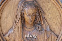Antique French oak wood carved religious medaillon panel Madonna relief