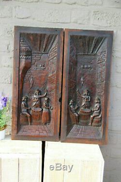 Antique French pair breton wood carved cabinet panels
