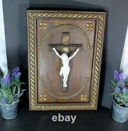 Antique French wood carved crucifix bisque porcelain corpus panel religious