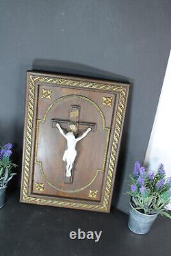 Antique French wood carved crucifix bisque porcelain corpus panel religious