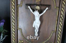 Antique French wood carved crucifix bisque porcelain corpus panel religious