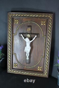 Antique French wood carved crucifix bisque porcelain corpus panel religious