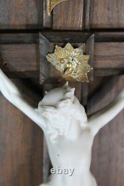 Antique French wood carved crucifix bisque porcelain corpus panel religious