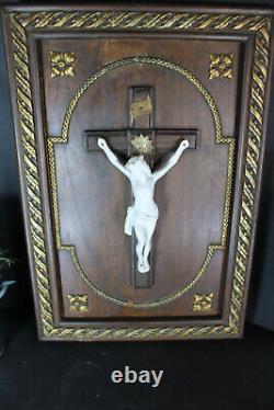 Antique French wood carved crucifix bisque porcelain corpus panel religious