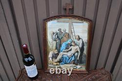 Antique French wood carved panel crucifx PARIS itho Biblical religious jesus