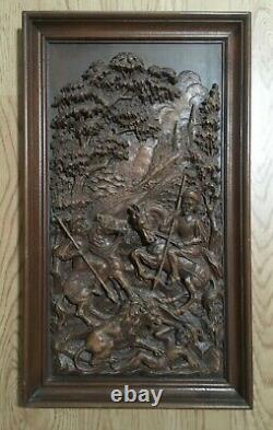 Antique Hand-Carved 15x26.25 Wood Panel Horsemen Hunting Lion Outside Castle EUC