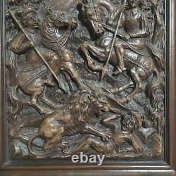 Antique Hand-Carved 15x26.25 Wood Panel Horsemen Hunting Lion Outside Castle EUC