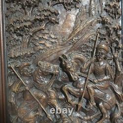 Antique Hand-Carved 15x26.25 Wood Panel Horsemen Hunting Lion Outside Castle EUC