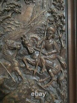 Antique Hand-Carved 15x26.25 Wood Panel Horsemen Hunting Lion Outside Castle EUC