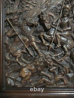 Antique Hand-Carved 15x26.25 Wood Panel Horsemen Hunting Lion Outside Castle EUC