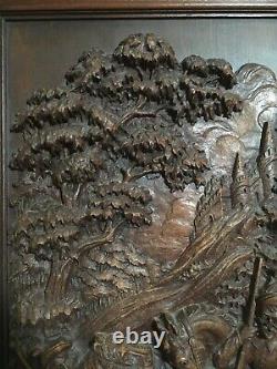 Antique Hand-Carved 15x26.25 Wood Panel Horsemen Hunting Lion Outside Castle EUC