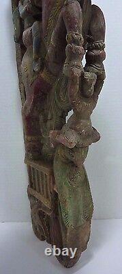 Antique Hand Carved Asian Wood Art Panel figural Dragon Bird Horse Rider ornate