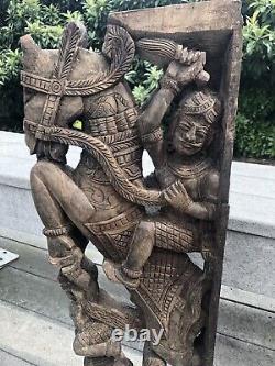 Antique Hand Carved Asian Wood Art Panel figural Warrior Horse With Dragon 30