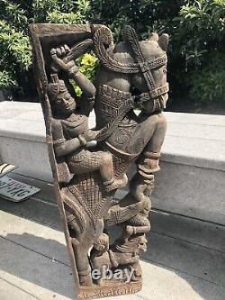 Antique Hand Carved Asian Wood Art Panel figural Warrior Horse With Dragon 30