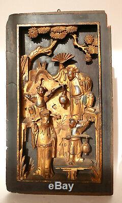 Antique Hand Carved Chinese Gilt Wood Panel Early 19th Century Wall Plaque